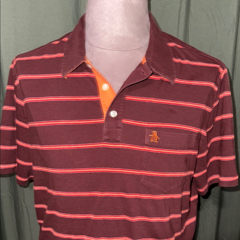 Original Penguin Men's Polo Shirt - Red and Orange Stripes - Picture 2 of 3